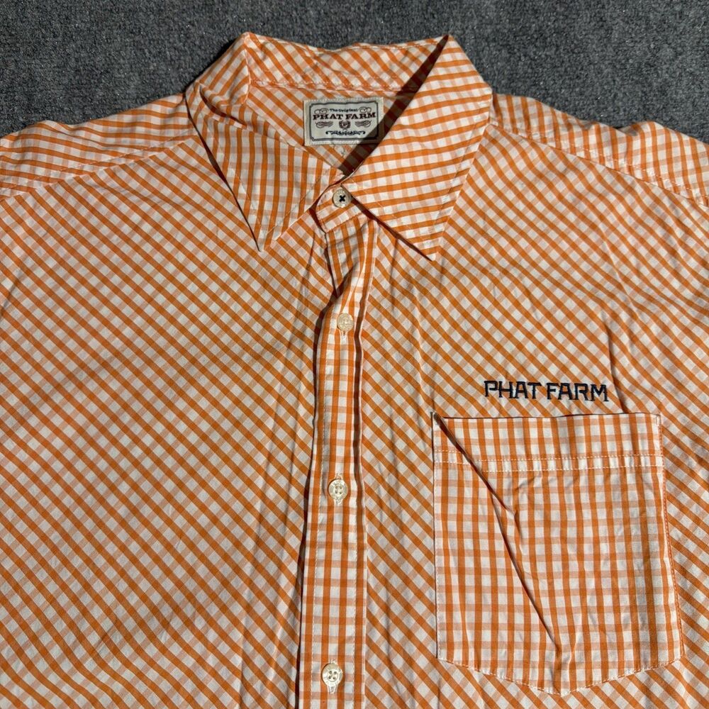 Vintage Phat Farm Shirt Mens 2XL Orange Plaid Button Front Short Sleeve Y2K